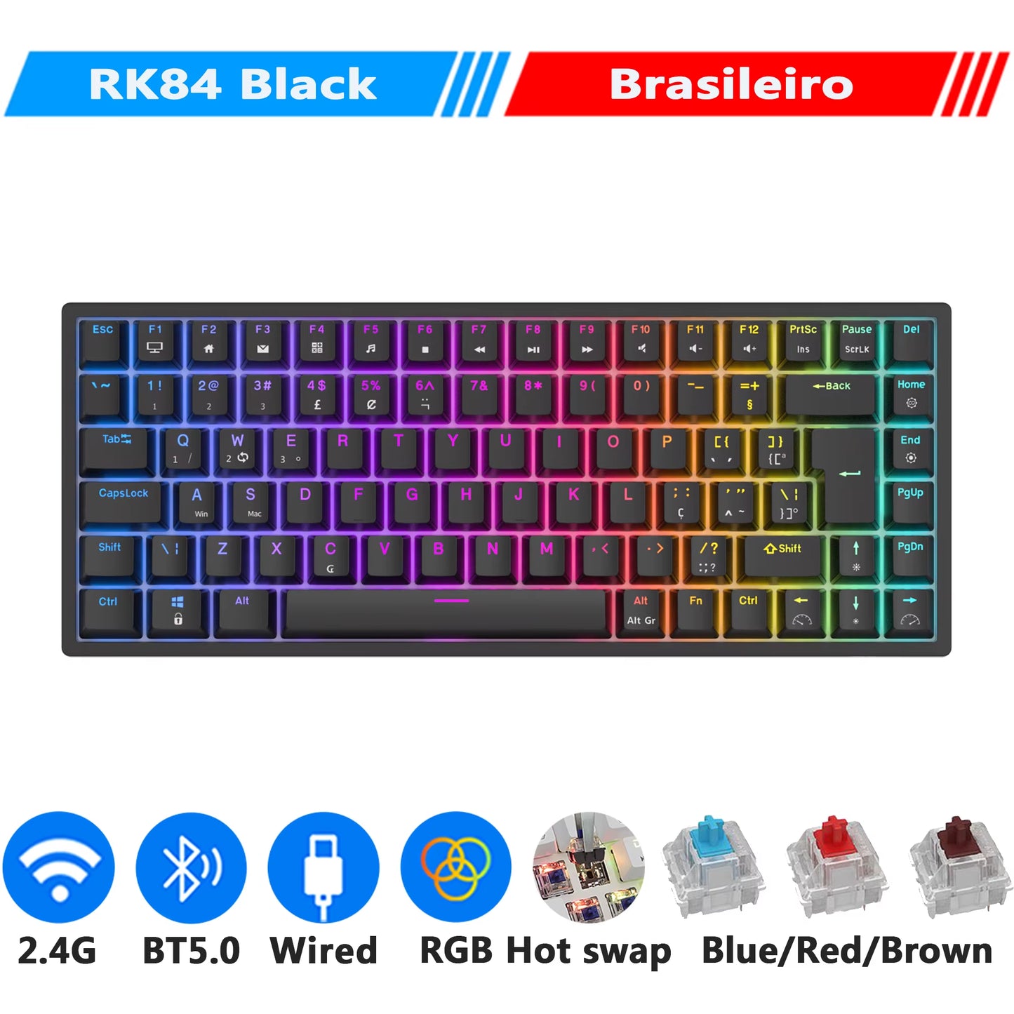 RK84 75% RGB Triple Mode Mechanical Keyboard BT5.0/2.4G/USB-C 84 Hot Swappable Bluetooth Wireless Gamer Keyboard