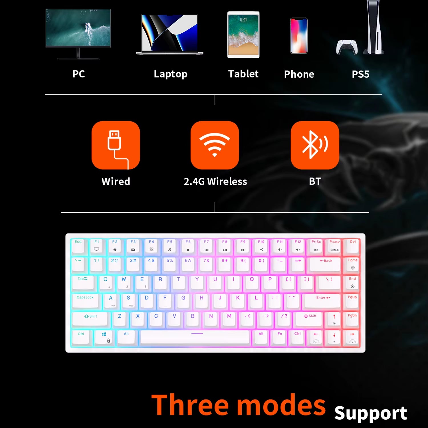 RK84 75% RGB Triple Mode Mechanical Keyboard BT5.0/2.4G/USB-C 84 Hot Swappable Bluetooth Wireless Gamer Keyboard