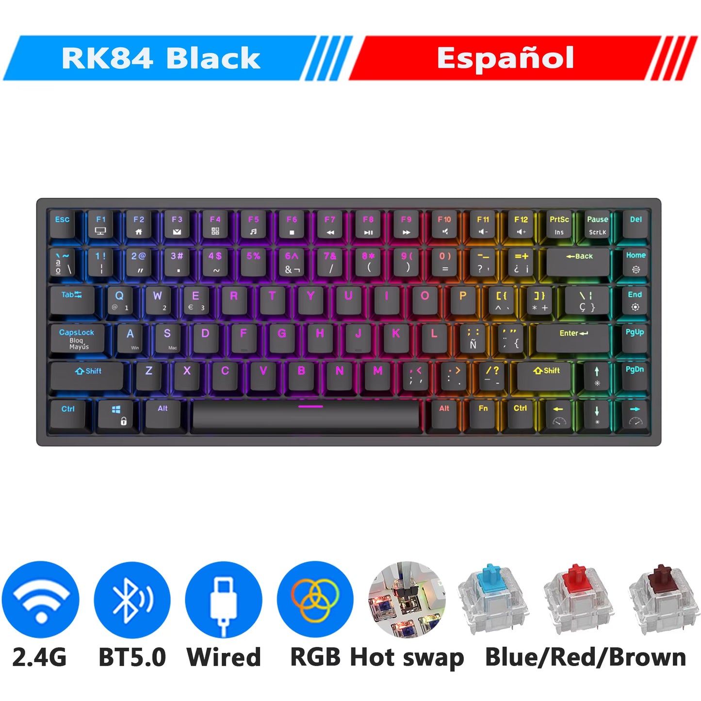 RK84 75% RGB Triple Mode Mechanical Keyboard BT5.0/2.4G/USB-C 84 Hot Swappable Bluetooth Wireless Gamer Keyboard