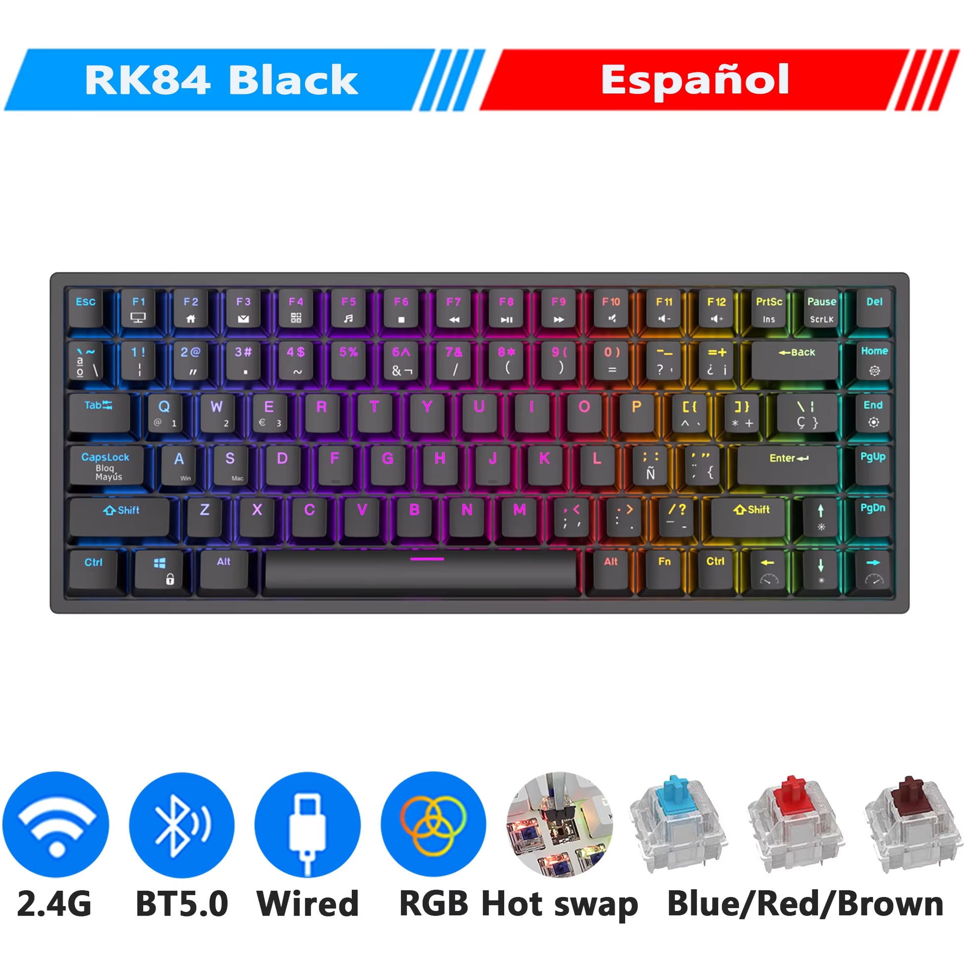 RK84 75% RGB Triple Mode Mechanical Keyboard BT5.0/2.4G/USB-C 84 Hot Swappable Bluetooth Wireless Gamer Keyboard